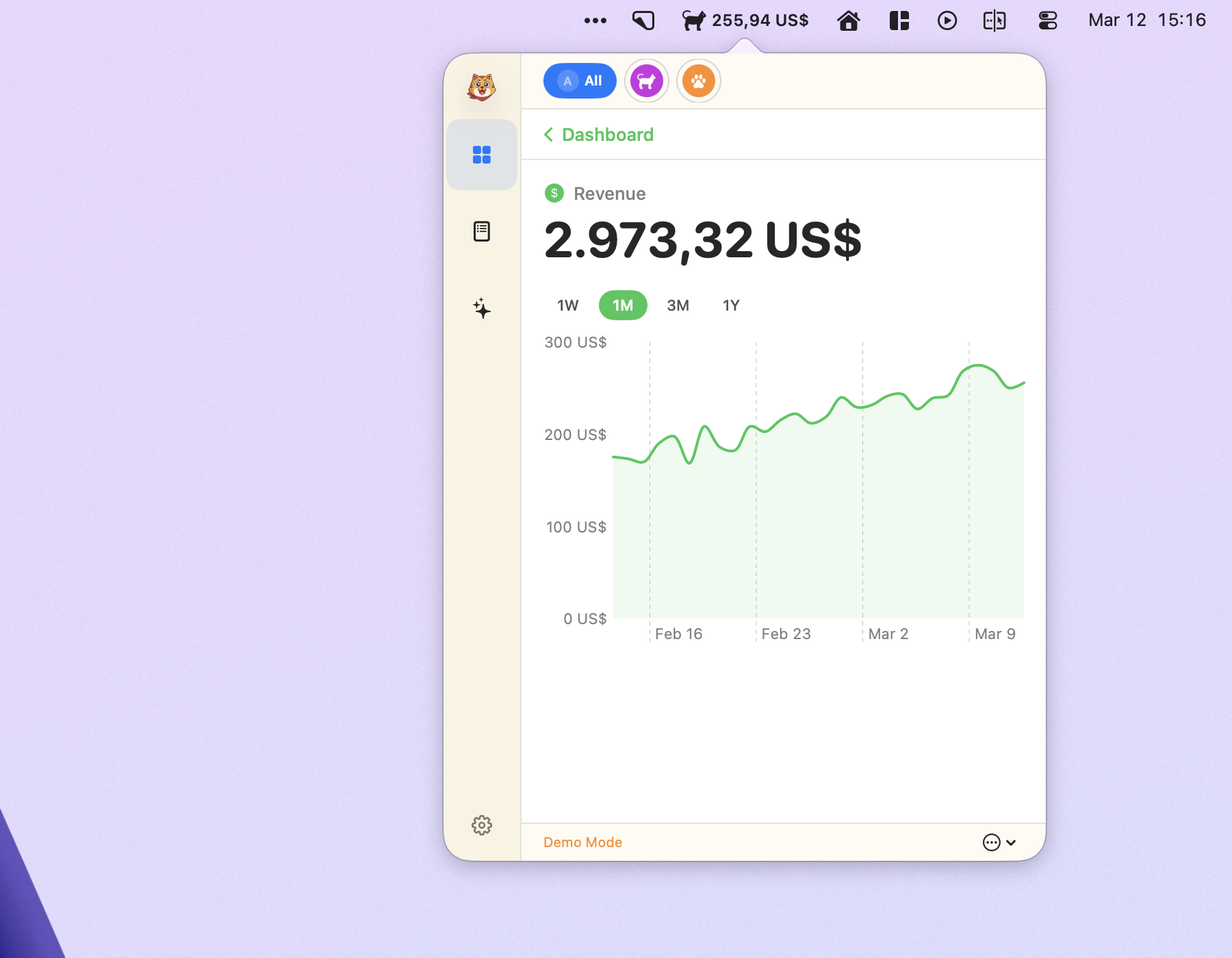 CatBar transactions view showing recent in-app purchases and renewals