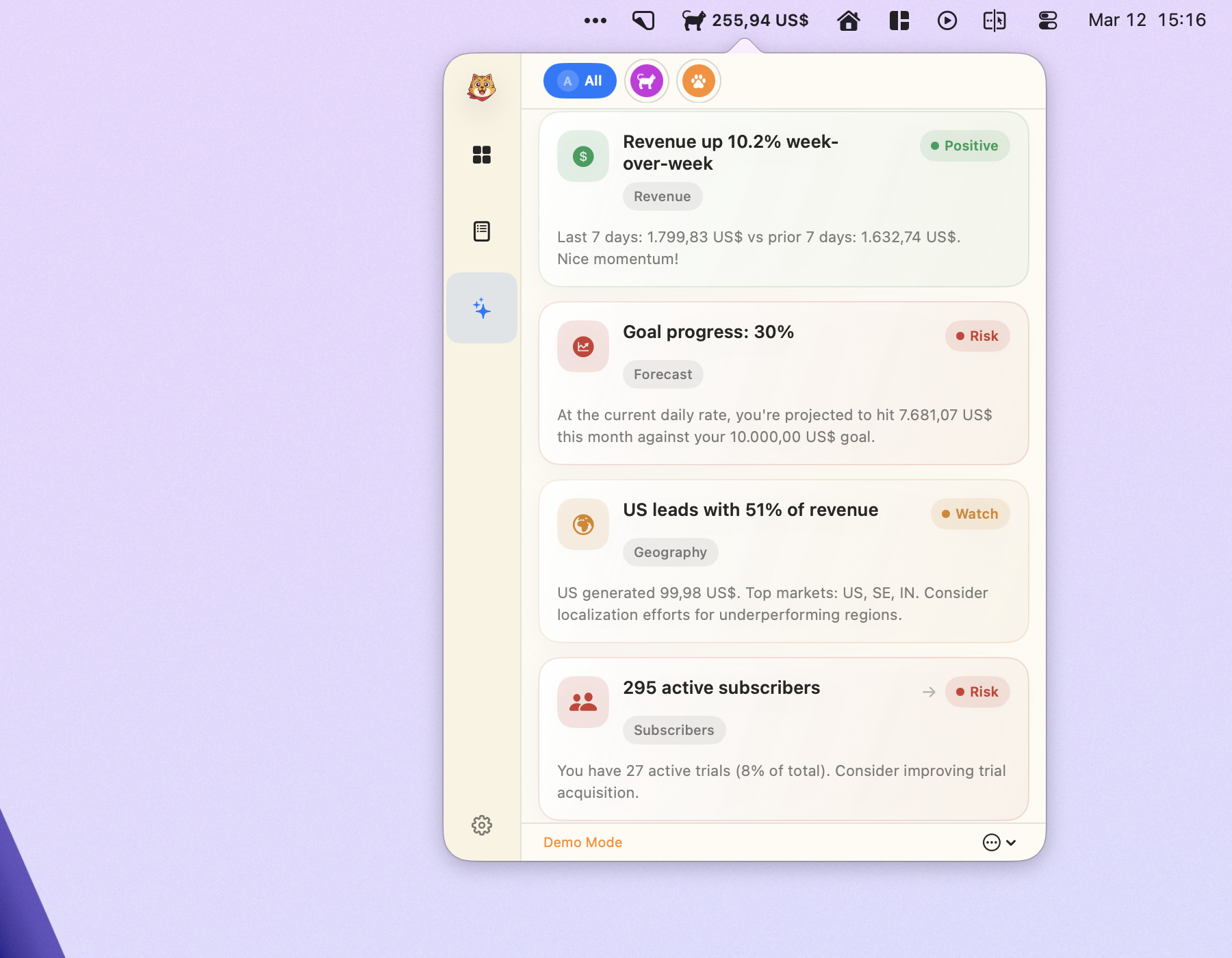 CatBar share card feature showing revenue stats with customizable themes